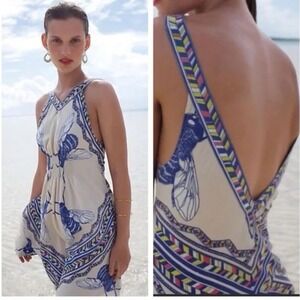 Leifnotes Anthropologie Blue Bee Print Smocked Waist V-Back Dress Cream Size 14